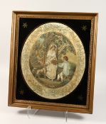 A GEORGIAN SILKWORK FRAMED AND GLAZED OVAL PICTURE of a young lady, boy and dog. 17.5ins x 14ins.