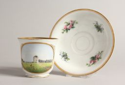 A 19TH CENTURY COPENHAGEN B. & G. CUP AND SAUCER with a landscape with deer. Mark B&G.