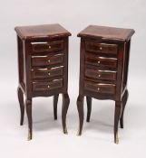 A PAIR OF FRENCH STYLE, MAHOGANY AND BURR WOOD FOUR DRAWER, SERPENTINE FRONTED BEDSIDE CHESTS on