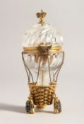 A SUPERB RUSSIAN SILVER GILT HOT AIR BALLOON BOX AND COVER as a glass box and cover, in a basket