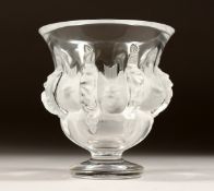 A LALIQUE GLASS VASE with a band of birds, engraved Lalique, France 5ins high.