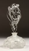 A GLASS SCENT BOTTLE AND STOPPER IN THE LALIQUE STYLE. 8.5ins high.