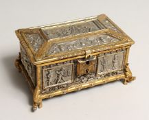 A GOOD FRENCH BRASS AND METAL JEWEL BOX AND COVER with classical scenes 6ins long