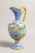 A GOOD MAJOLICA EWER with a classical scene 12ins high.