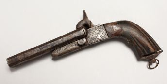 A DOUBLE SHOT PERCUSSION CAP PISTOL with wooden handle 7.5ins long