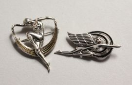 TWO SILVER ART DECO DESIGN LADY BATHERS BROOCHES.