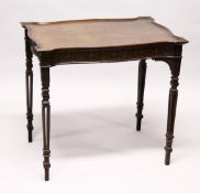 A 19TH CENTURY MAHOGANY RECTANGULAR TOP SILVER TABLE WITH BLIND FRET CARVING AND COLUMN SUPPORTS 2ft