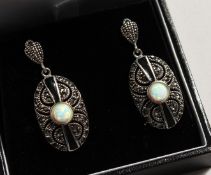 A PAIR OF SILVER OPAL AND ONYX DECO STYLE EAR RINGS