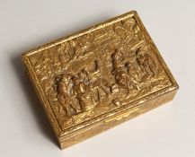 A FRENCH RECTANGULAR GILLDED METAL BOX, the lid with a tavern scene 4.25ins
