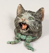 A VIENNA STYLE COLD PAINTED BRONZE INK WELL, modelled as the head of a snarling cat 4ins wide.