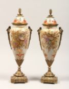 A PAIR OF PORCELAIN AND ORMOLU MOUNTED VASES AND COVERS, in the Sevres style. 15ins high.