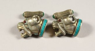 A SMALL PAIR OF RUSSIAN SILVER AND ENAMEL DOG'S HEAD CUFF LINKS. Faberge mark 88, HEAD I. P.