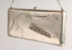 A 19TH CENTURY RUSSIAN SILVER AND ENAMEL PURSE with chain decorated with a line of seven elephants