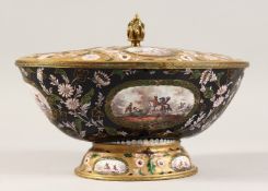 A VERY GOOD 19TH CENTURY ENAMEL CIRCULAR TUREEN AND COVER with various oval and circular scenes,