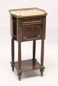 A 19TH CENTURY FRENCH MAHOGANY, MARBLE AND BRASS INLAID BEDSIDE COMMODE, with galleried rouge marble