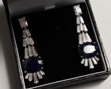 A GOOD PAIR OF ART DECO DESIGN, SILVER, REAL SAPPHIRE DROP EAR RINGS