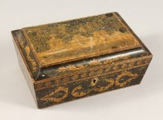A 19TH CENTURY PENWORK JEWELLERY BOX with fitted interior 9.5ins high