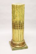 A GOOD ANTIQUE FAUX MARBLE WOODEN COLUMN with ormolu mounts on a square base. 3ft 6ins high 11ins