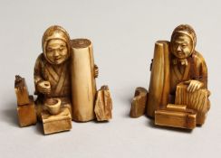 A PAIR OF IVORY OKIMONOS