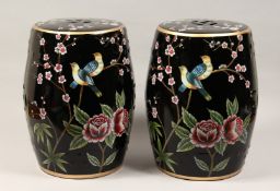 A PAIR OF CHINESE PORCELAIN BARREL SEATS, black ground decorated with birds amongst foliage. 18ins