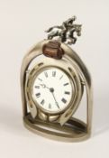A HORSESHOE CLOCK, with horse and rider 10ins high.