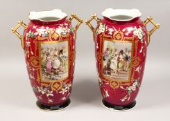 A LARGE PAIR OF 19TH CENTURY FRENCH PORCELAIN TWO HANDLED VASES painted with a panel of figures