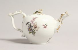 A 19TH CENTURY MEISSEN BULLET SHAPED TEA POT, (lid A F), painted with flowers Cross swords mark in