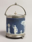 A WEDGWOOD JASPER WARE BLUE AND WHITE BISCUIT BARREL AND COVER with plated mount.