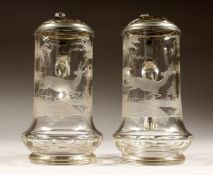 A PAIR OF ENGRAVED GLASS BEER JUGS with pewter trim, deer in a landscape