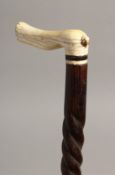 A GOOD 19TH CENTURY BONE HANDLE WALKING STICK with twiststem. 30.5ins long