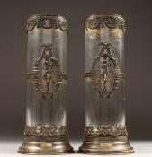A GOOD PAIR OF TALL FRENCH GLASS CIRCULAR VASES with silver decoration 13ins high.