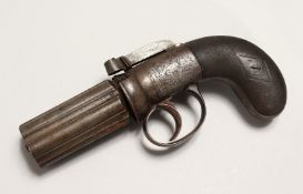 A PEPPER POT SIX SHOT HAND GUN with percussion cap, engraved silver trigger and guard, with cross