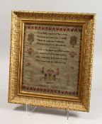 A GOOD SAMPLER in a gilt frame by LOUISE SIMONS, AGE SEVEN. 14.5ins X 12ins.