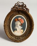 A SUPERB OVAL FRAMED PORTRAIT OF DUCHESSE DE DEVONSHIRE. 5ins x 3.5ins in a ormolu frame with