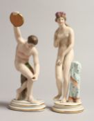 TWO 19TH CENTURY CAPODIMONTE CLASSICAL FIGURES, discus thrower and nude. Mark Crown N 7 ins high.