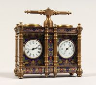 AN UNUSUAL BRONZE AND CHAMPLEUVE ENAMEL DOUBLE CARRIAGE CLOCK / BAROMETER. 5ins wide.