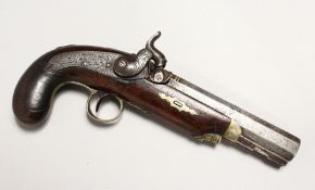 A PERCUSSION CAP HAND GUN with engraved octagonal barrel, 5.5ins long by RICHARD HOLLIS of LONDON.