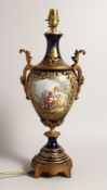 A 19TH CENTURY SEVRES BLUE GROUND TWO HANDLED VASES, converted to lamps, painted with reverse