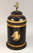 AN OLD BLACK JAPANESE TEA CANNISTER with gilded decoration, converted to a lamp. 22ins high.