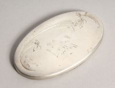 A SMALL RUSSIAN SILVER OVAL HAND MIRROR with initials A. H. 4 V 30. Marked .875. 3ins x 1.25ins