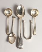 A SILVER FIDDLE PATTERN BASTING SPOON, London 1857, together with a pair of sauce ladles, London,