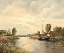 Willem Kroon (b.1946-2001) Dutch, Tranquil Dutch river scene with moored boats, oil on canvas,