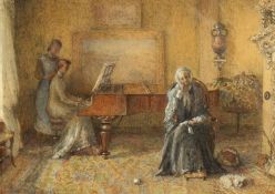 Follower of George John Pinwell (1842-1875) 'The old songs', interior scene with figures by a piano,
