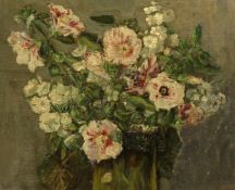 Attributed to F.J. Hulme, Flowers in a glass vase, oil on canvas laid on panel, bears attribution