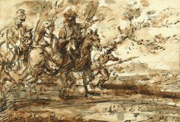 Manner of Jacques Callot, A military scene, pen and ink with wash, indistinctly signed with