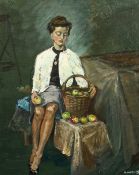 R. Harland (Mid-20th Century), Study of a lady holding an apple, oil on canvas, signed, 16