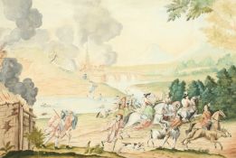 19th Century French School, A scene of figures escaping from a sieged town, watercolour, 13