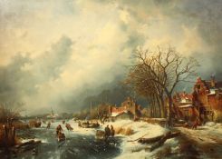 After Charles Leickert, Skaters on a frozen waterway, an over-painted print on canvas, 33