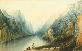 Circle of Francis Nicholson (1753-1844) Vale of Llangollen, watercolour with pen and ink,