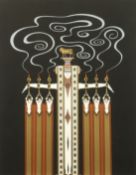 Erte (Romain de Tirtoff), A stylised female figure in an elaborate costume on a black background,